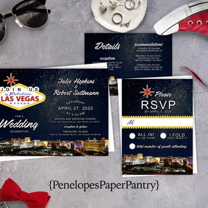 Las Vegas Theme Wedding Invitation,Las Vegas Cityscape,Las Vegas Nightscape,Starry Sky,Bright Lights,Custom,Printed Invitation,Wedding Set