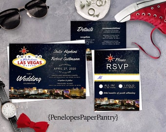 Las Vegas Theme Wedding Invitation,Las Vegas Cityscape,Las Vegas Nightscape,Starry Sky,Bright Lights,Custom,Printed Invitation,Wedding Set