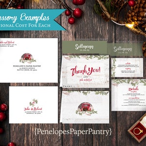 Rustic Christmas Wedding Invitation,Christmas Wedding Invite,White Wood,Vintage Red Truck,Evergreen Wreath,Pine Branches,Envelope Included image 2