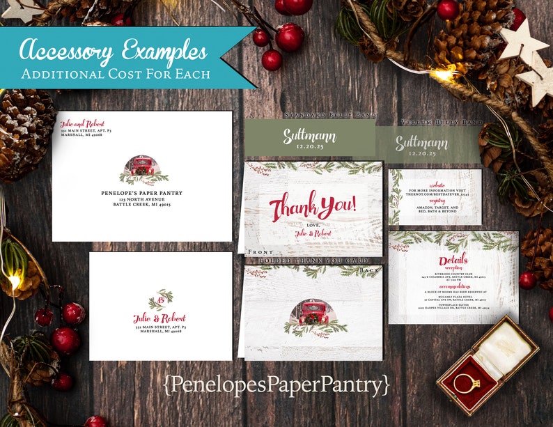 Rustic Christmas Wedding Invitation,Christmas Wedding Invite,White Wood,Vintage Red Truck,Evergreen Wreath,Pine Branches,Envelope Included image 2