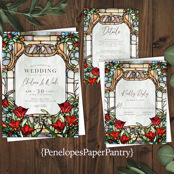 Floral Stained Glass Wedding Invitation,Stained Glass Wedding Invite,Stained Glass Theme,Calligraphy,Shimmery Invitation,Envelope Included