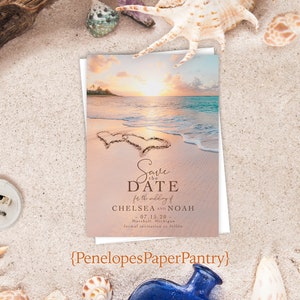 Custom,Save The Date,Beach Wedding Save The Dates,Beach Theme Save Our Date,Calligraphy,Shimmery,Envelope Included,Sunset,Hearts In The Sand