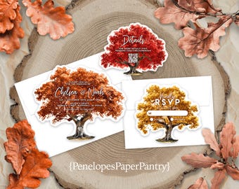 Oak Tree Shape Fall Wedding Invitation: Burnt Orange, Deep Red, Gold Leaves (Printed)