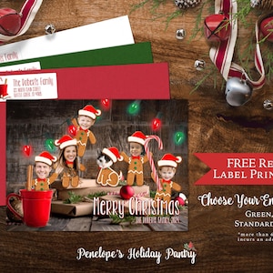 Carte photo de famille Noël lutins en pain d'épice rigolotes Cartes personnalisées personnages en pain d'épice chocolat chaud Enveloppe incluse Impression au dos
