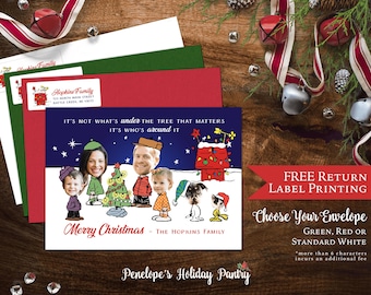 Funny Peanuts Christmas Family Photo Card Personalized Charlie Brown Snoopy Custom Text Printed Cards Envelope Included Return Address Label