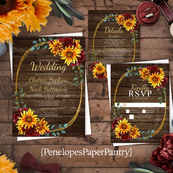 Rustic Sunflower Wedding Invitation,Sunflower Fall Wedding Invite,Barn Wood,Burgundy Roses,Oval Frame,Calligraphy,Gold,Shimmery Invitation