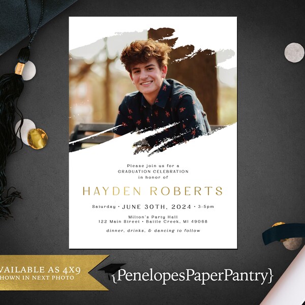 Fun Graduation Invitation,Announcement,Class of 2024,Grad Party Invite,Gold Foil,Unisex,High School,College,Personalize,Printed,Envelope