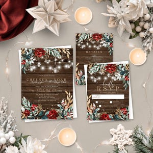 May include: A wedding invitation suite featuring a dark wood background, string lights, and floral accents in red and green. The text includes names Chelsea and Noah, date December 30th 2030, and RSVP details. The set consists of a main invitation, a details card, and an RSVP card.