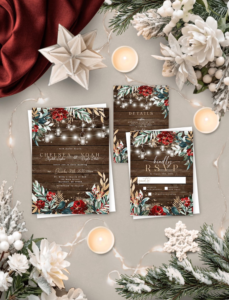 May include: A wedding invitation suite featuring a dark wood background, string lights, and floral accents in red and green. The text includes names Chelsea and Noah, date December 30th 2030, and RSVP details. The set consists of a main invitation, a details card, and an RSVP card.