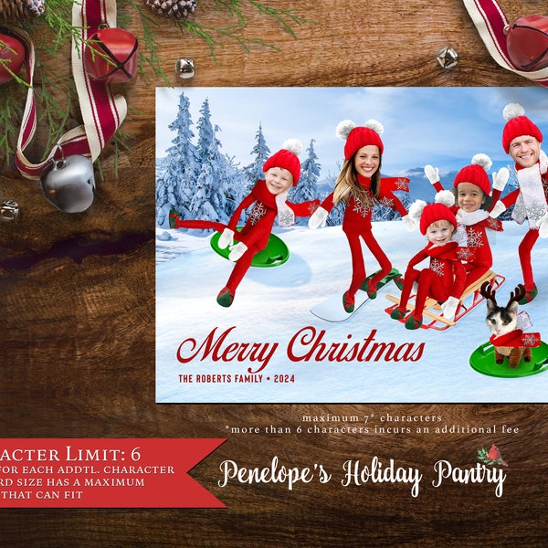 Funny Sledding Elf Family Christmas Photo Card Sledding Elf Snow Boarding Personalize Printed Card Back Print Envelope Return Address Label