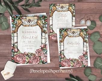 Elegant Swan Stained Glass Wedding Invitations, Blush, Vintage, Calligraphy, Personalized and  Printed