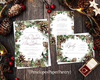 Elegant Rustic Winter Wedding Invitation,Winter Wedding Invite,Evergreen Branches,Pine Cones,Holly,Shimmery Invitation,Envelope Included