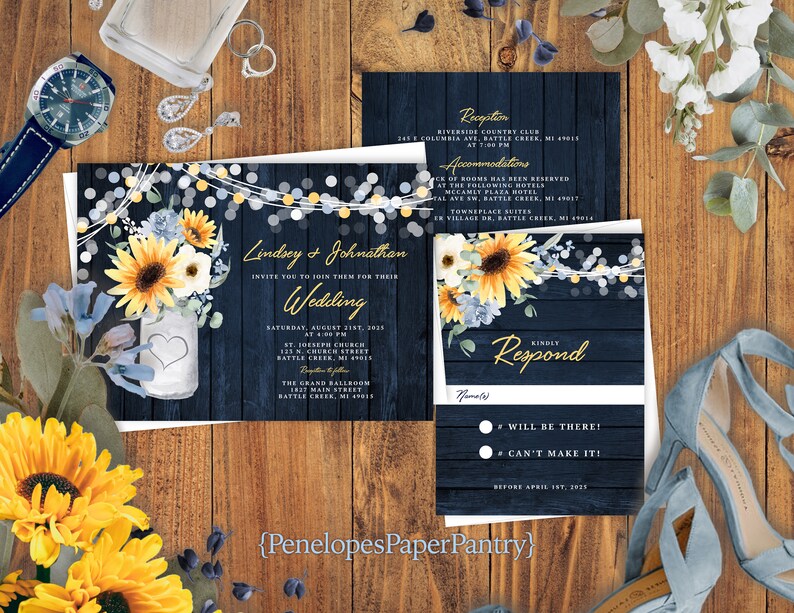 Rustic,Sunflower Wedding Invitation,Sunflower Wedding Invite,Mason Jar Invitation,Sunflowers,Wildflowers,Calligraphy,Fairy Lights,Barn Wood image 1