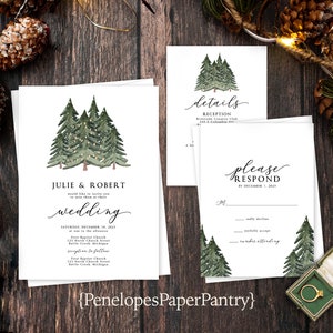 Simple,Winter,Wedding Invitation,Winter Wedding Invite,Evergreen Trees,Twinkle Lights,Calligraphy,Christmas Wedding,Personalize,Envelope