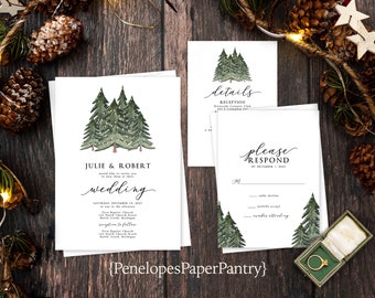 Simple,Winter,Wedding Invitation,Winter Wedding Invite,Evergreen Trees,Twinkle Lights,Calligraphy,Christmas Wedding,Personalize,Envelope