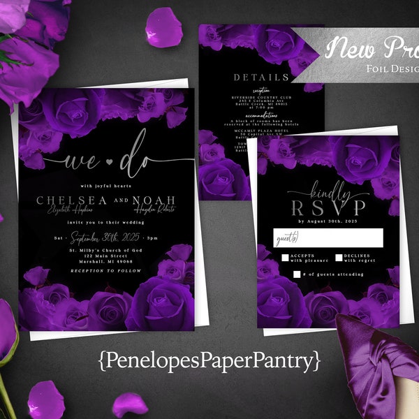 Elegant Purple Rose Wedding Invitation,Purple Rose Wedding Invite,Purple Rose Theme,Silver Foil,Silver Calligraphy,Envelopes Included,Custom