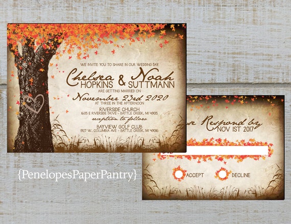 Elegant Rustic Fall Wedding Invitationoak Treefall Etsy