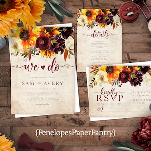 Sunflower Rustic Fall Wedding Invitation,Sunflowers,Burgundy Roses,Calligraphy,Parchment,Personalize,Printed Invitation,Invitation Set