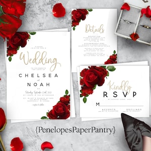 Elegant Red Rose Wedding Invitation,Red Rose Wedding Invite,Red Roses,Gold Print,Calligraphy,Shimmery Invitation,Envelope Included,Custom