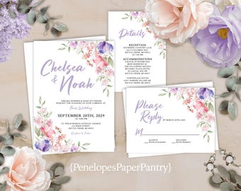 Bright Floral Summer Wedding Invitation Suite: Calligraphy, Personalized and Printed with Envelopes