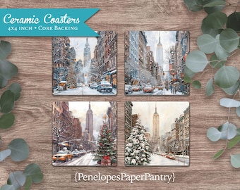 Vintage New York City Christmas Scenes Ceramic Coaster Set