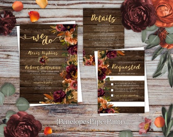 Rustic Floral Fall Wedding Invitation,Floral Fall Wedding Invite,Barn Wood,Burgundy Rose,Burnt Orange,Gold Calligraphy,Shimmery Invitation