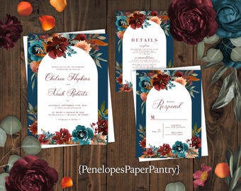Teal Floral Wedding Invitation: Burgundy, Burnt Orange Roses, Printed