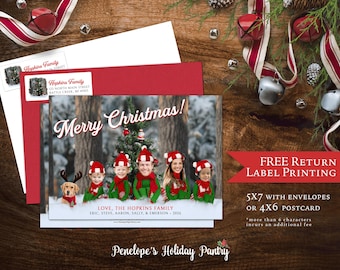 Funny Winter Forest Elf Christmas Photo Card, Personalized Snow Elf Family Holiday Card with Envelopes
