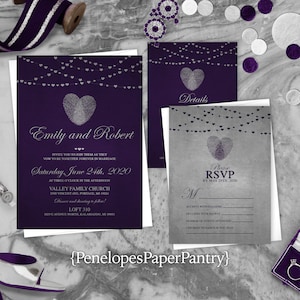 Custom Thumbprint Heart Wedding Invitation,Thumbprint Heart Wedding Invite,Purple Invite,Silver,Heart Lights,Shimmery,Envelope Included