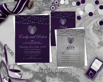 Elegant Purple Wedding Invitation,Purple and Silver,Thumbprint Heart,Fairy Heart Lights,Shimmery,Custom,Printed Invitation,Wedding Set