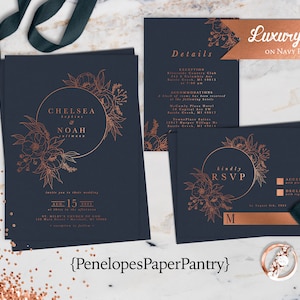 Elegant Navy and Copper Foil Wedding Invitation,Navy Blue,Copper Foil,Wedding Invite,Floral Wreath,Navy Matte Paper,Navy Envelope Included