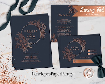 Elegant Navy and Copper Foil Wedding Invitation, Floral Wreath, Personalized, Printed