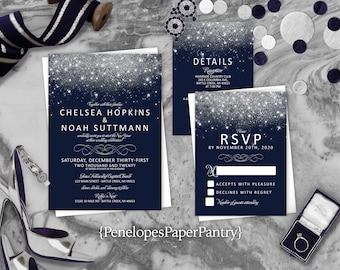 Elegant Navy and Silver Wedding Invitation,Navy Blue,Silver,Wedding Invite,Silver Glitter Print,Shimmery Invitation,Envelope Included,Custom