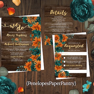 May include: Rustic wedding invitation with a woodgrain background and floral accents in shades of teal and orange. The text reads "We Do" with the names Alexis Hopkins and Robert Suttmann, the date and time of the wedding, and the location. The invitation also includes details about the reception and accommodations. The RSVP card requests a response by June 3rd, 2023.