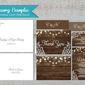 May include: A set of wedding stationery with a rustic wood background and white lace accents. The stationery includes a thank you card, a details card, and a belly band with the initials "C & N".