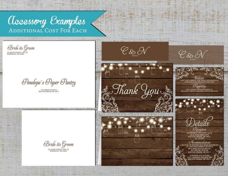 May include: A set of wedding stationery with a rustic wood background and white lace accents. The stationery includes a thank you card, a details card, and a belly band with the initials "C & N".