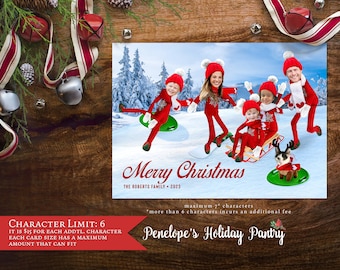 Funny Sledding Elf Family Christmas Photo Card Sledding Elf Snow Boarding Personalize Printed Card Back Print Envelope Return Address Label