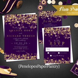 Luxury Purple and Gold Foil Wedding Invitation,Purple,Gold,Gold Foil,Gold Bubble Lights,Personalize,Printed Invitation,Wedding Set,Envelope