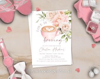 Love Is Brewing Bridal Shower Invitation: Coffee Cup, Blush Pink Florals