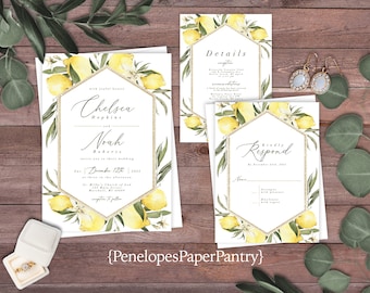 Lemon Theme Wedding Invitation,Lemon Wedding Invite,Lemons,Eucalyptus,Gold,Calligraphy,Shimmery Invitation,Lemon Wedding,Envelope Included