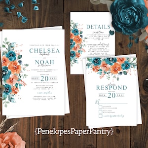 Personalized Elegant Floral Turquoise and Orange Wedding Invitation,Floral Fall Wedding Invite,Custom,Printed Invitation,Envelopes Included