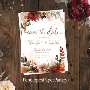 Save The Date Card,Fall Wedding Save The Date Cards,Save Our Date Card,Terracotta,Burnt Orange,Calligraphy,Personalized,Envelope Included