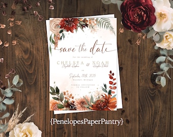 Floral Fall Save the Date Cards: Terracotta, Burnt Orange, Rust Calligraphy (Envelopes Included)