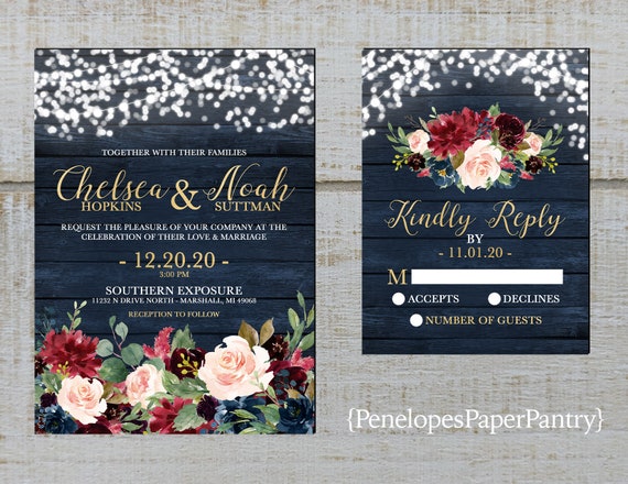 Rustic Navy Floral Fall Wedding Invitation,Mr and Mrs,Burgundy,Blush,Navy Blue,Roses,Barn Wood,Gold Print,Shimmery,Printed Invitation,Custom