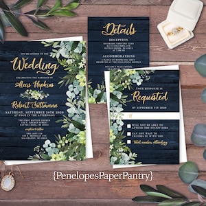 Rustic,Greenery Wedding Invitation,Barn Wood,Gold,Calligraphy,Navy,Greenery Invite,Rustic Wedding Invite,Eucalyptus,Personalize,Shimmery