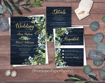 Rustic,Greenery Wedding Invitation,Barn Wood,Gold,Calligraphy,Navy,Greenery Invite,Rustic Wedding Invite,Eucalyptus,Personalize,Shimmery