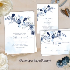 Shades of Blue Wildflower Summer Wedding Invitation,Summer Wedding Invite,Navy,Dusty Blue,Calligraphy,Personalize,Printed Invite,Envelope