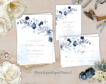 Shades of Blue Wildflower Summer Wedding Invitation,Summer Wedding Invite,Navy,Dusty Blue,Calligraphy,Personalize,Printed Invite,Envelope