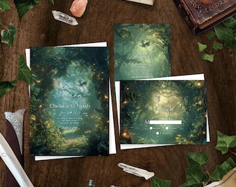 May include: A set of wedding stationery featuring a dark forest illustration with glowing lights and a dragon. The cards include text for Chelsea & Noah, June 30th 2027, and reception details. The design is printed on rectangular paper cards.