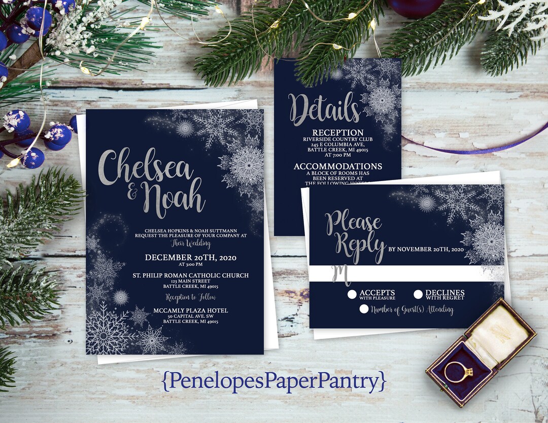 Elegant Navy Winter Wedding Invitation,navy Blue,silver,snowflakes ...